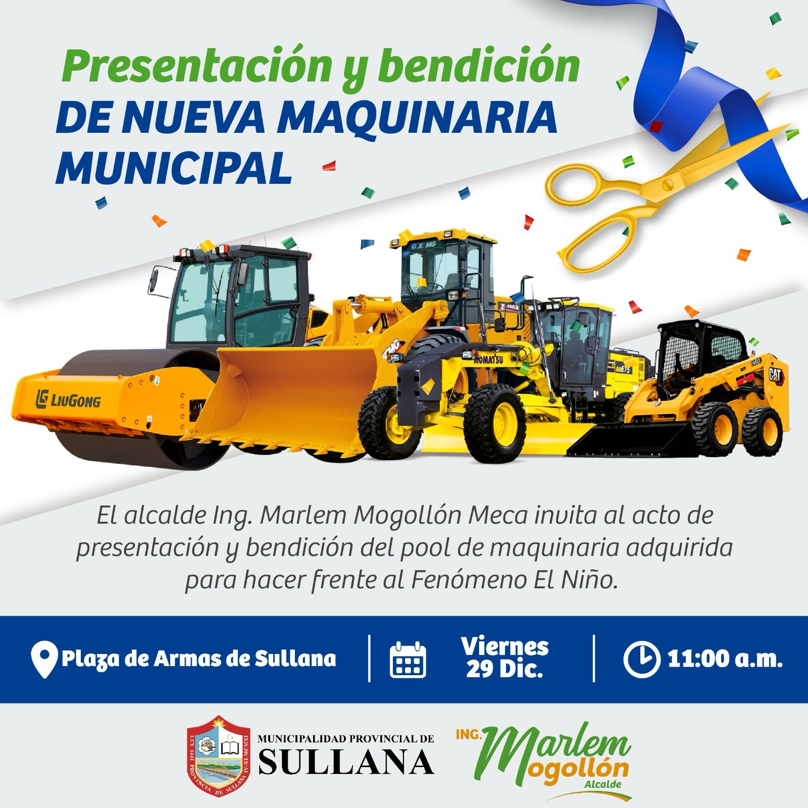 ALCALDE MARLEM MOGOLLÓN REALIZARÁ PRESENTACIÓN DE MAQUINARIA ADQUIRIDA POR LA MUNICIPALIDAD DE SULLANA