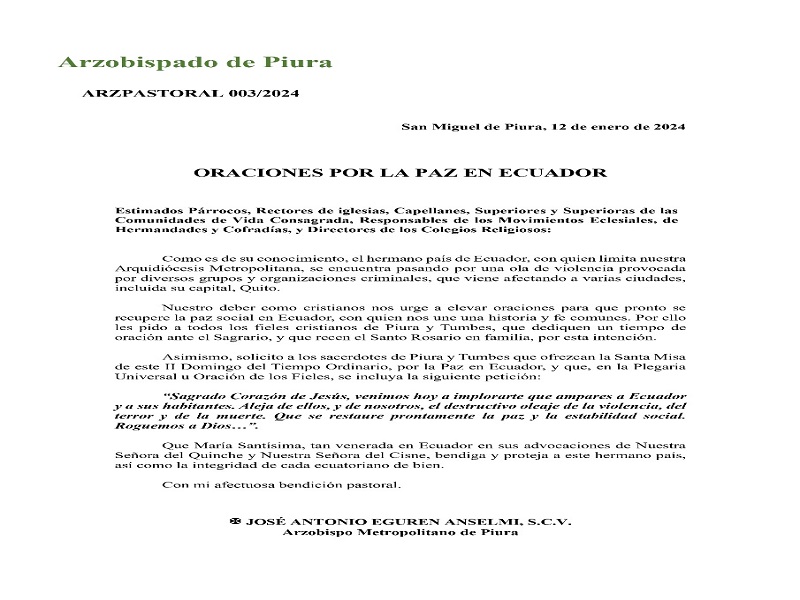 Arzobispo de Piura pide a fieles de Piura y Tumbes orar por nuestros hermanos ecuatorianos