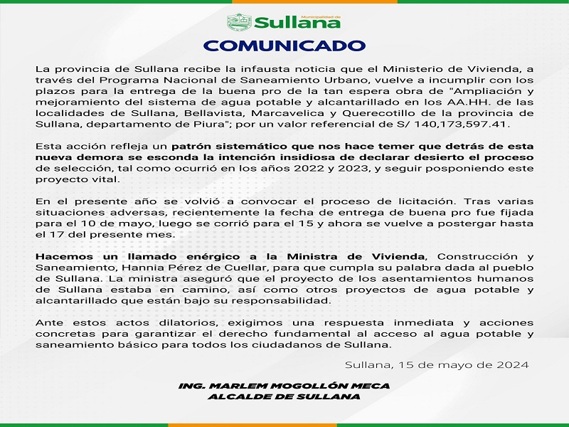 Comunicado de Municipalidad provincial de Sullana